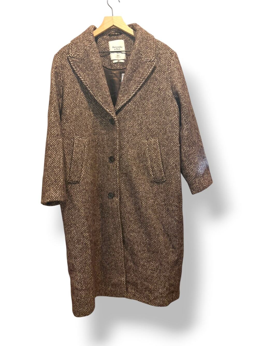 Abercrombie & Fitch Brown Cream Herringbone Wool Blend Coat Petite XL NWT